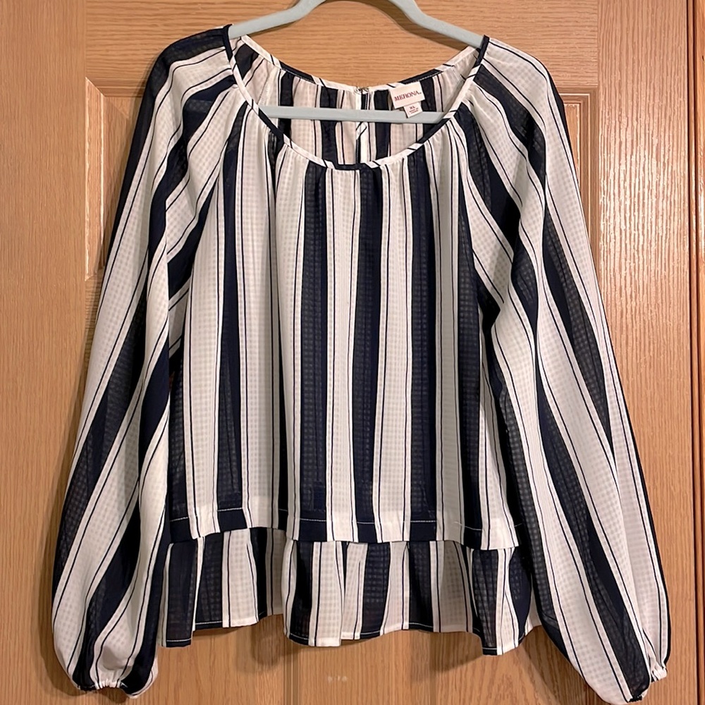 Navy blue and white striped blouse